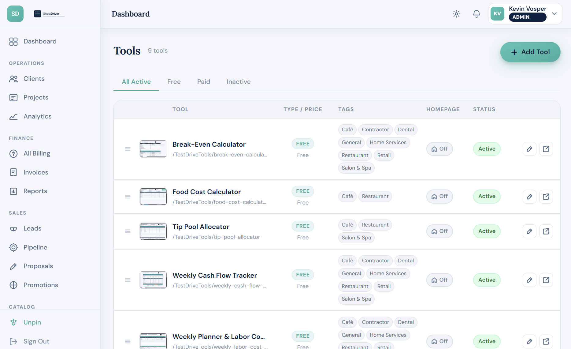 SheetDriver admin dashboard