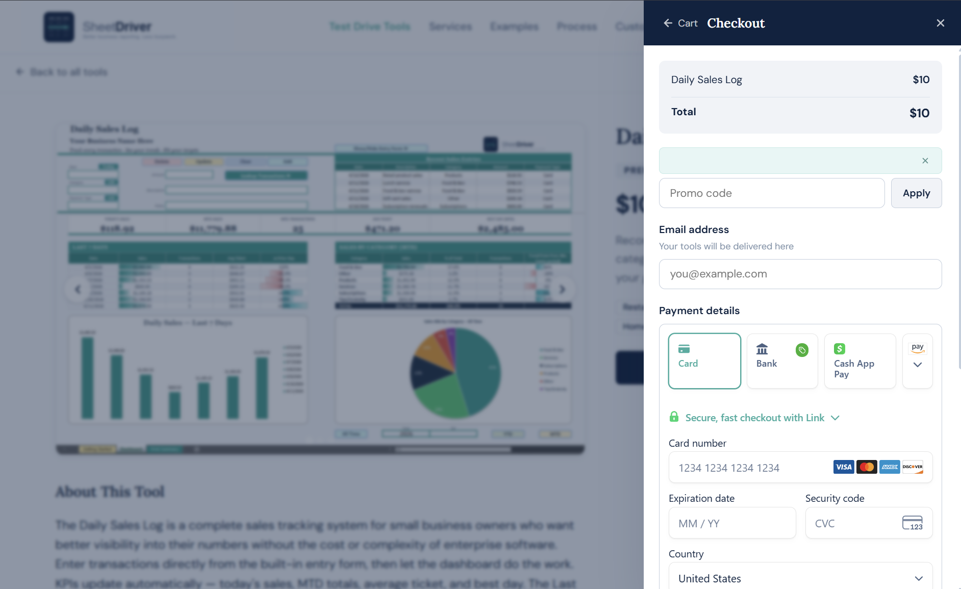 SheetDriver product catalog, tool detail page with checkout flow